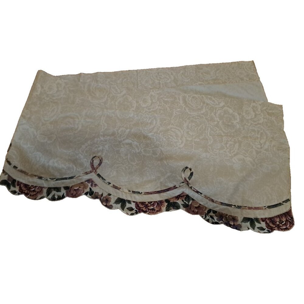 Beige Floral Valance W Pink Rose Trim Scalloped Ruffle Country Cottage 60x14